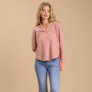 Striped V-Neck Long Sleeve Top with High Low Hem